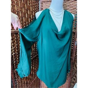 Haute Hippie Emerald Green Silk Cold Shoulder Blouse Med Cowl Neck